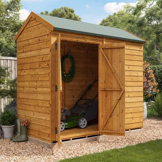 BillyOh Switch Overlap Apex Wooden Garden Shed in Brown with Double Doors and Gable Roof
