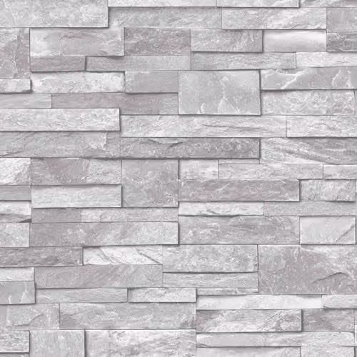 Grandeco 3D Slate Stone Brick Effect Washable Vinyl Wallpaper in Natural Grey