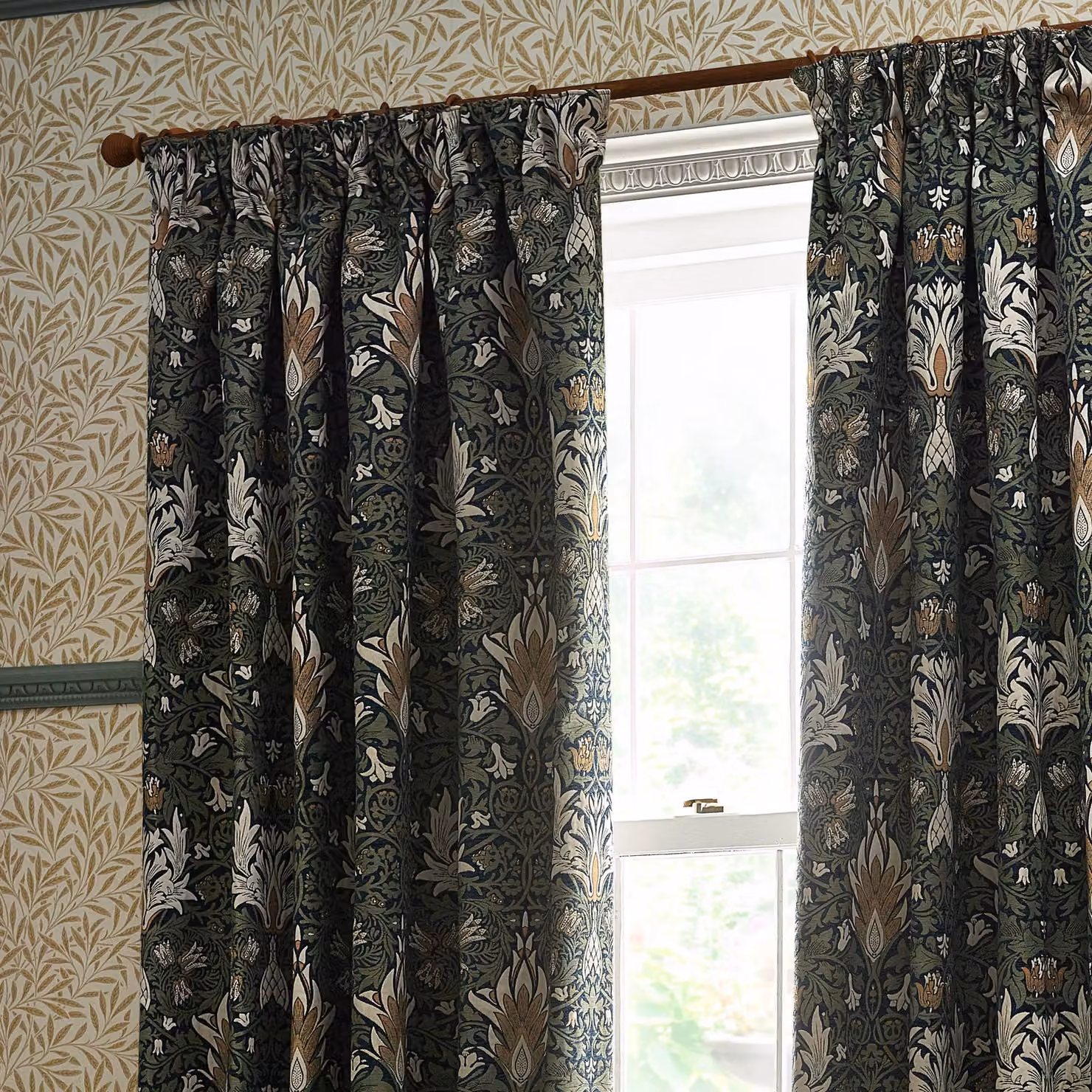 Morris & Co. Snakeshead Jacquard Chenille Pencil Pleat Room Darkening Curtains in Blue, Width: 168 cm, Drop: 183 cm – 4