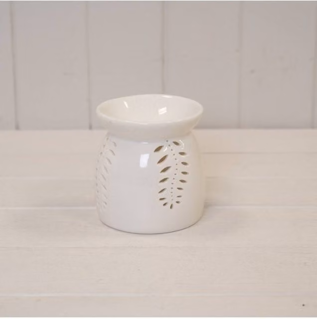 KDMD White Ceramic Glazed Medium Oil Burner with Leaf Detail and Tealight Holder