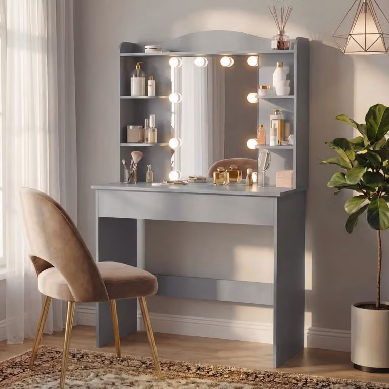 DHS Grey Modern Dressing Table with Hollywood LED Mirror and Makeup Vanity Desk, W/D/H: 90 x 40 x 146 cm
