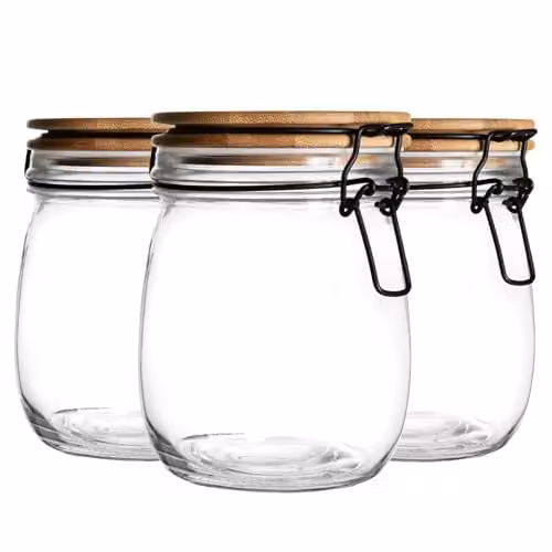 Argon Tableware Glass Storage Jars with Airtight Wooden Clip Lids, 0.75 l, Pack of 3, White and Transparent