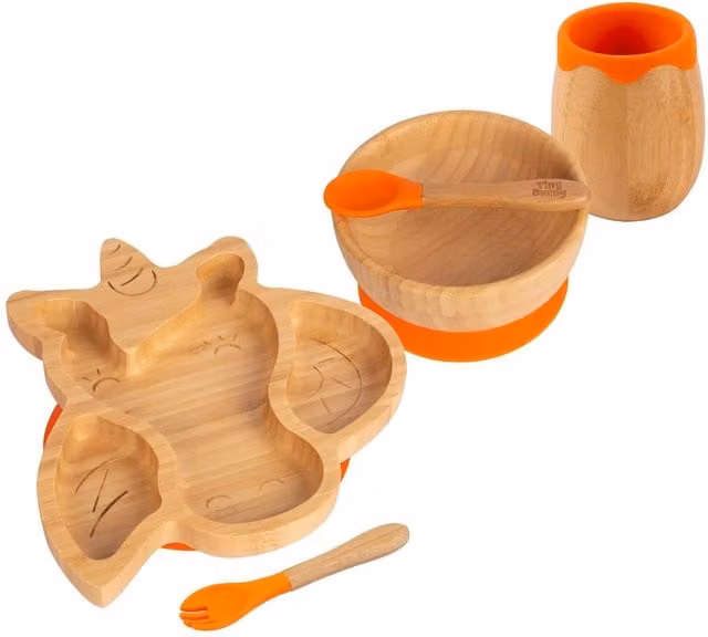 Tiny Dining 5pc Bamboo and Silicone Unicorn Baby Weaning Set in Orange