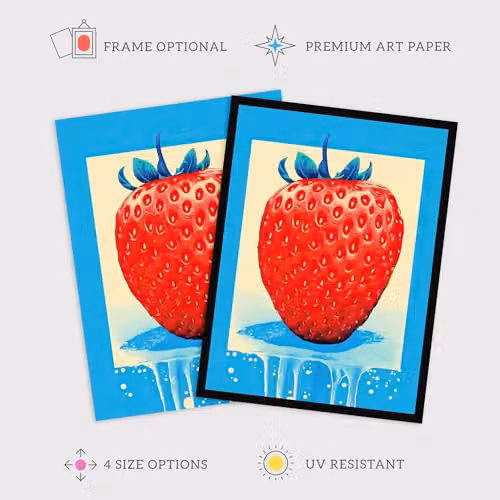 Wee Blue Coo Single Strawberry Fruit in Ice Unframed Paper Wall Art Poster in Blue and Red – 2