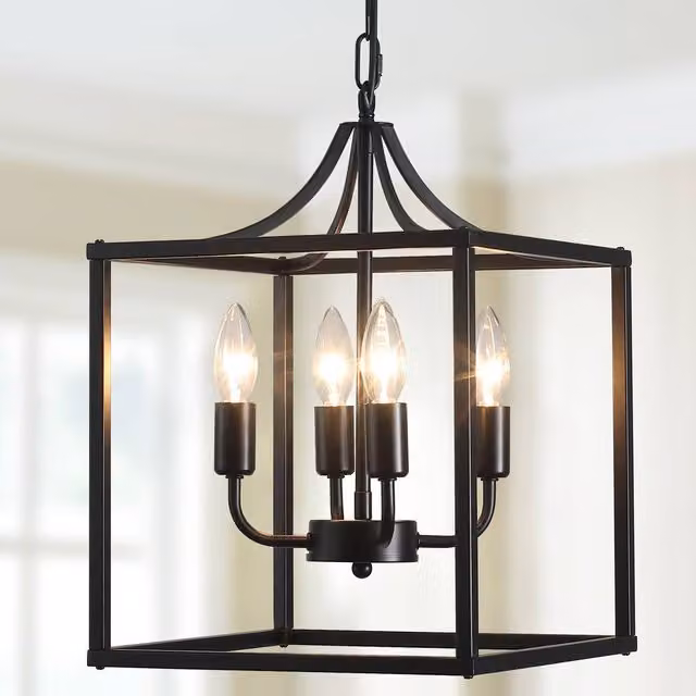 NIVOR Industrial Metal Lantern Chandelier, 4-Light Hanging Pendant with E14 Sockets in Black and Gold/Brass