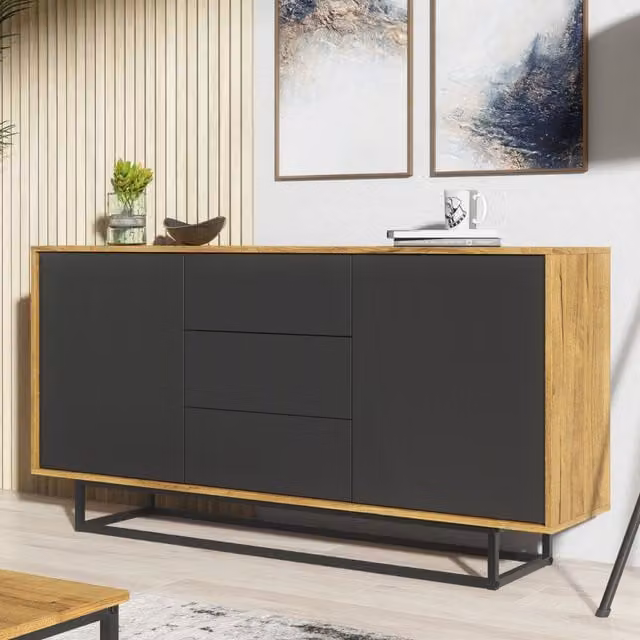 Creative Furniture Vista Loft Sideboard in Oak and Black Matt, W: 140 cm, H: 80 cm, D: 35 cm