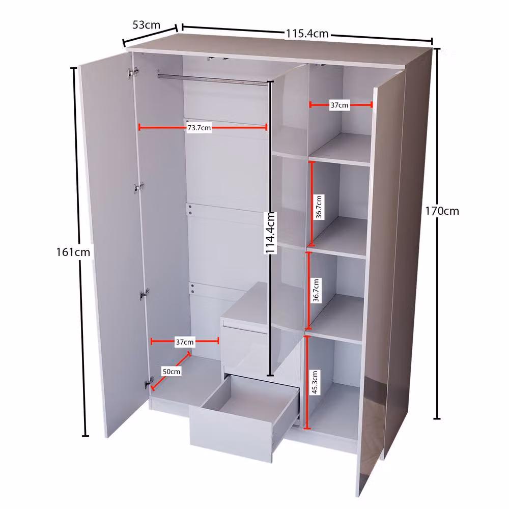 HD Designs Glinton High Gloss 3 Door 2 Drawer Wardrobe in White – 2