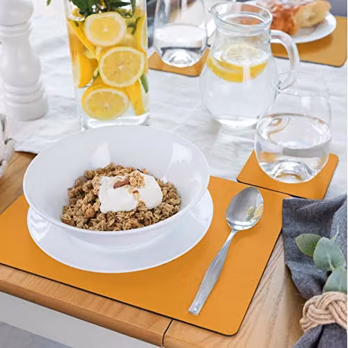 Lara-May Set of 8 Mustard Yellow Recycled Leather Placemats (W: 28 cm, D: 21 cm) and 8 Recycled Leather Coasters – 2