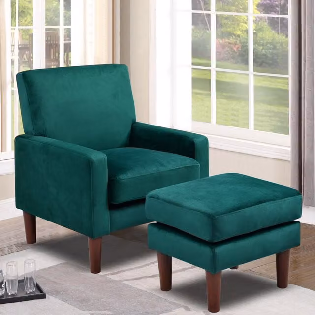 Comfy Living Modern Plush Velvet Tub Chair with Footstool in Green