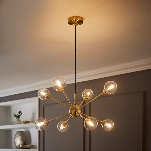 ValueLights Sputnik Adjustable 8-Way Gold Ceiling Pendant Light with Transparent Glass Globes – 1