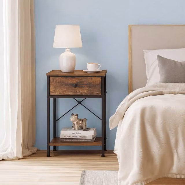 SONGMICS Slim Side Table with Fabric Drawer in Rustic Brown