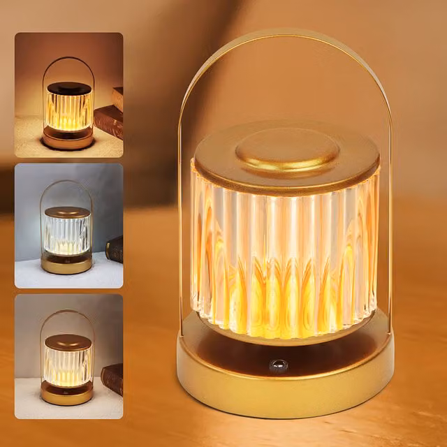 Livingandhome Rechargeable LED Crystal Lantern Table Lamp in Gold/Brass with Dimmable Touch Control
