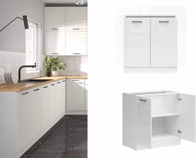 Junona Modern Freestanding Kitchen Base Unit with 2 Glossy White Doors, W: 80 cm, H: 82 cm, D: 47 cm