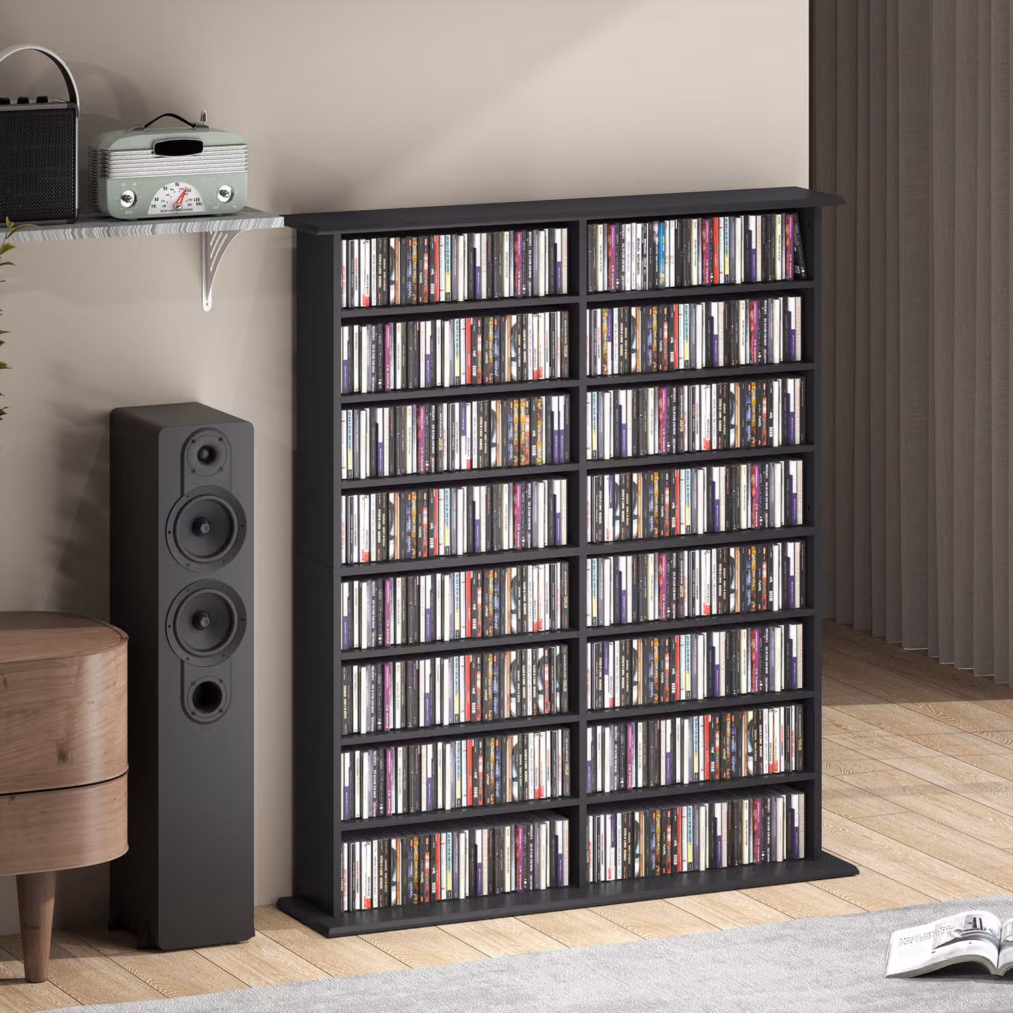 HOMCOM Black Media Storage Unit with Adjustable Shelves and Media Compartments – 9