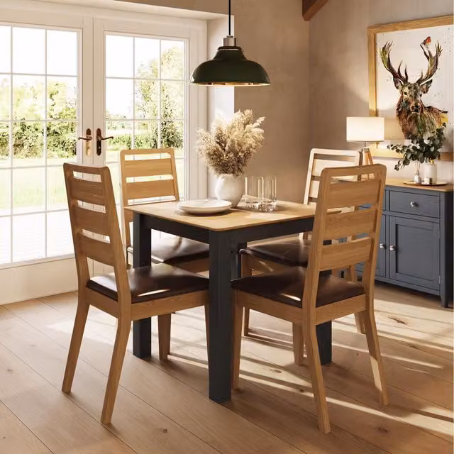 FWStyle Modern Square Solid Oak Dining Table and 4 Chairs Set in Blue