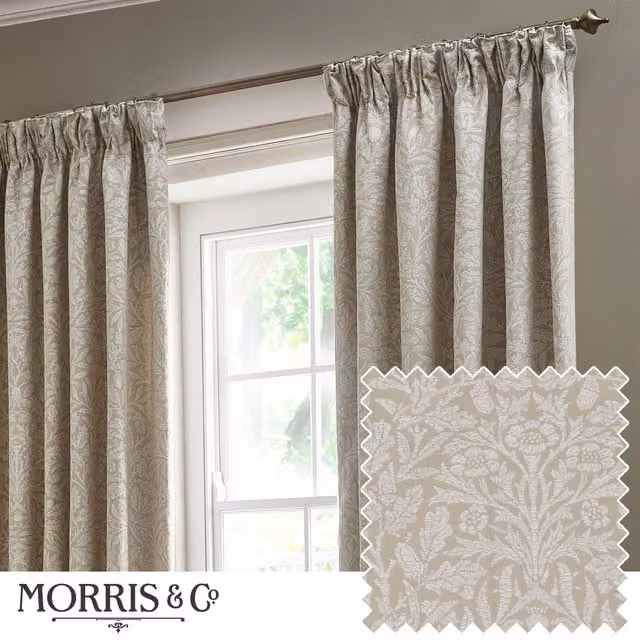 Morris & Co Acorn Tonal Matt Jacquard Pencil Pleat Curtains in Beige, Width: 117 cm, Drop: 183 cm