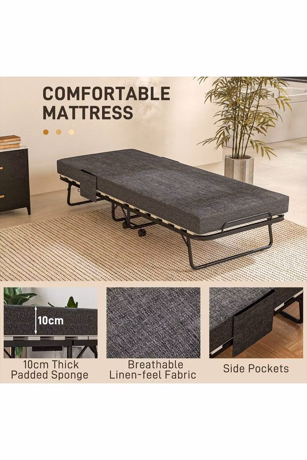 ERGOVEXA Single Steel Frame Folding Bed with Wheels, Dark Grey, W/D/H: 190 x 80 x 27 cm – 2