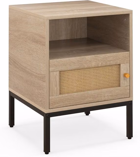 COSTWAY Rustic Brown Nightstand and Sofa Side Table with Rattan and Metal Accents