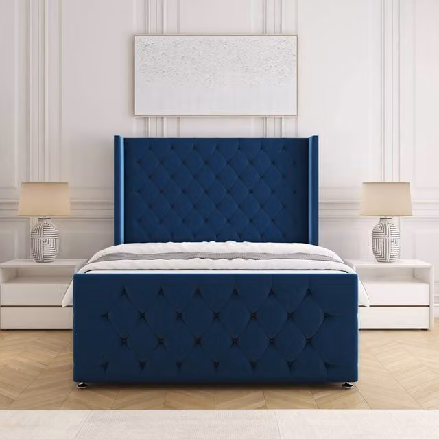 BSSPOKE Florida Blue Velvet Divan Bed with Headboard and Footboard, Super King, W/D/H: 200 x 137.16 x 137.16 cm