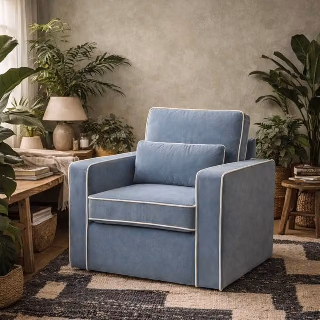 Wyld Haus Moose Retro Blue Velvet Upholstered Armchair – 1