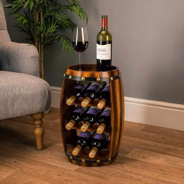 Christow Barrel Wine Rack, Brown Wooden Free Standing 8 Bottle Holder with Shelf, Height: 50 cm – 1