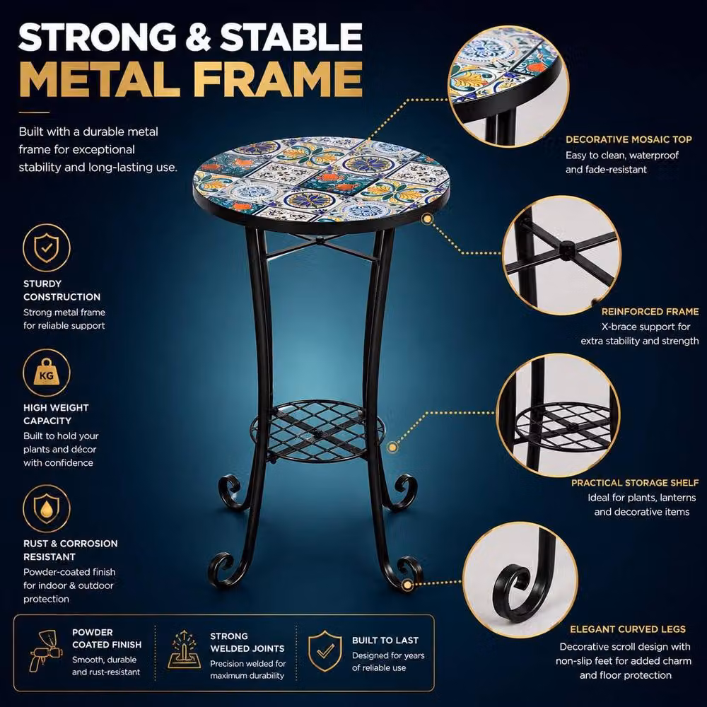 Shatchi Multicolour Mosaic Plant Stand Side Table with Ceramic Tile Top, W/D/H: 35 x 35 x 35 cm – 4