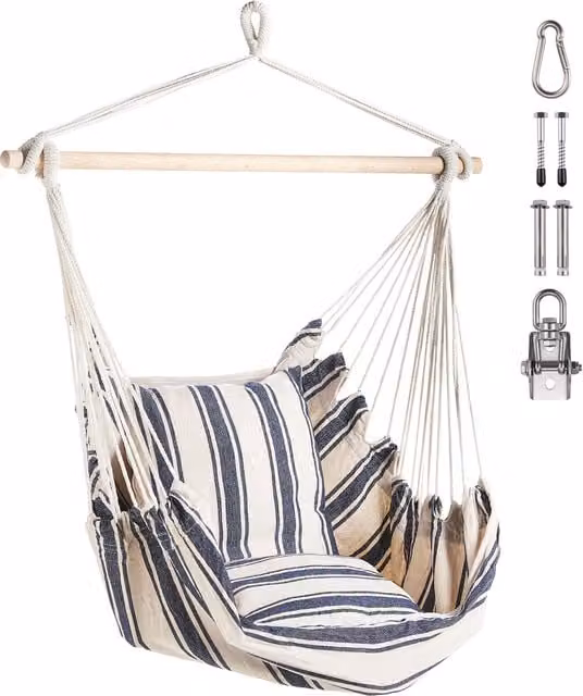 VonHaus Boho Striped Outdoor Hanging Swing Chair with Cushions in White and Blue