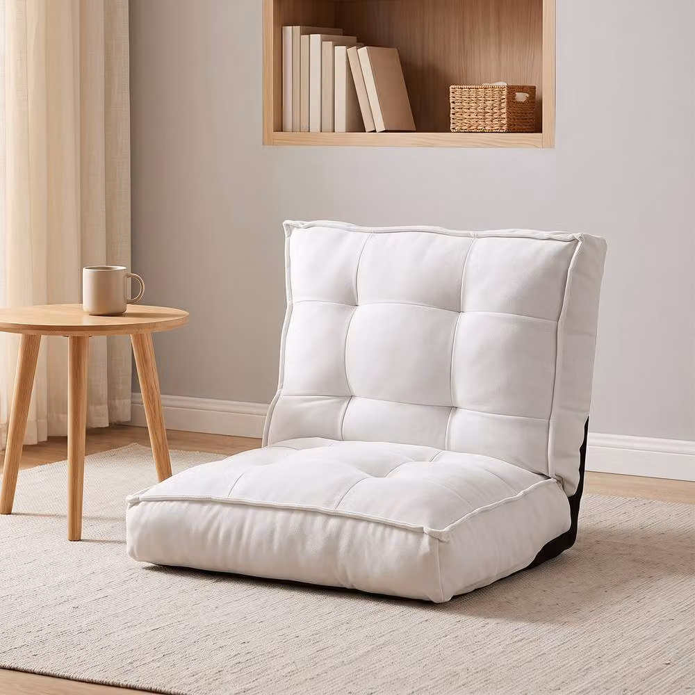 Gymax Folding Corduroy Floor Chair with Reclining Backrest and Foam Filling in White – 2
