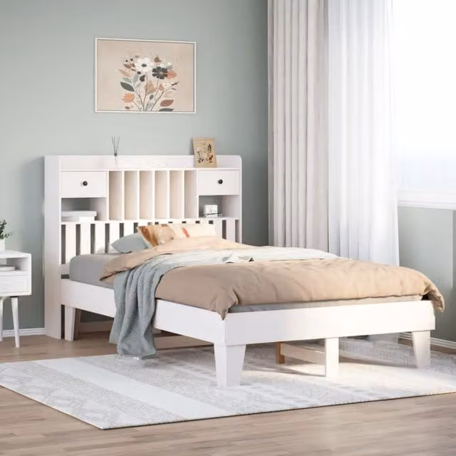 Berkfield Home White Solid Wood Pine Bed Frame W: 135 cm, D: 190 cm – 1