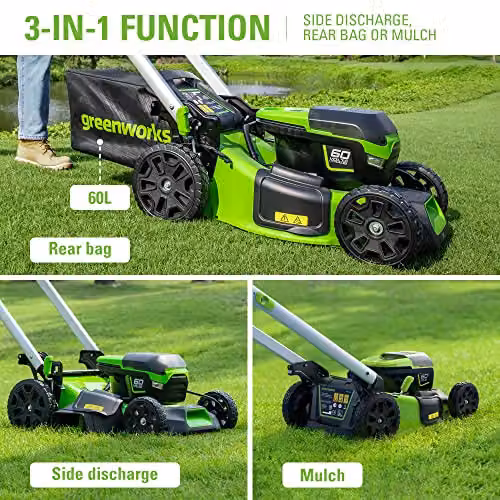 Greenworks Pro 60V 20 Inch Brushless Cordless Mower with 4Ah Battery and Charger, Green, Cutting Height: 25-85mm, 60 Litre Collection Bag – 2