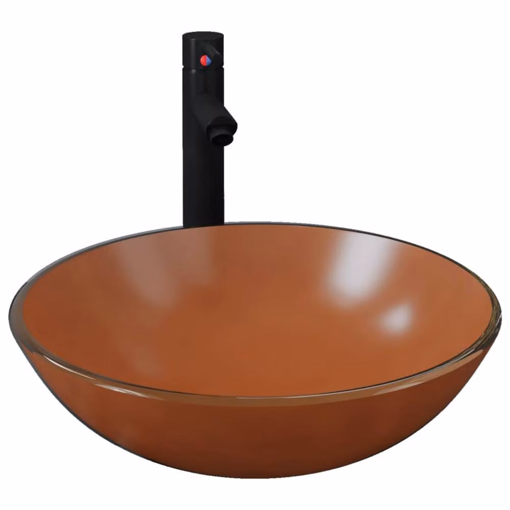 Berkfield Home Brown Tempered Glass Round Countertop Bathroom Sink with Tap and Push Drain – 2