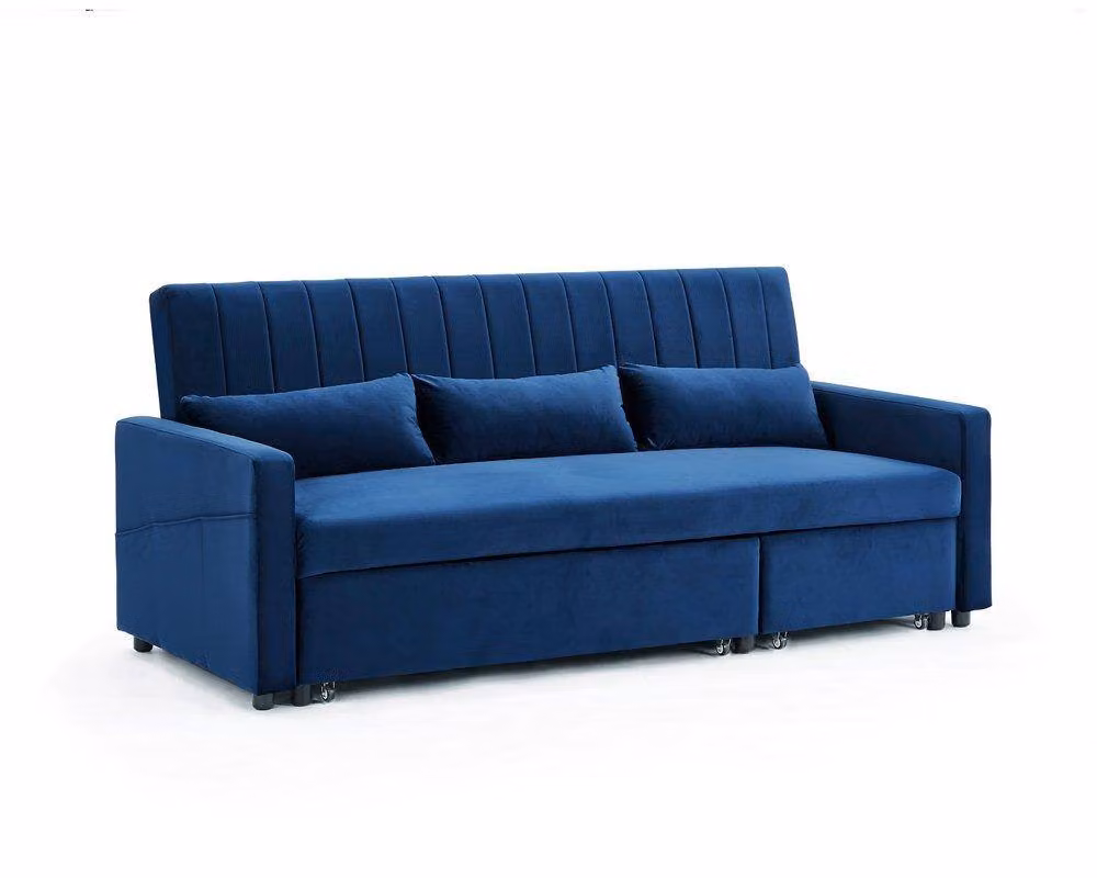 Home Detail Devon Dark Blue Velvet Pull Out Sofa Bed with Ribbed Fabric Detailing, Side Pocket Storage and Scatter Cushions, 120 x 200 cm – 2