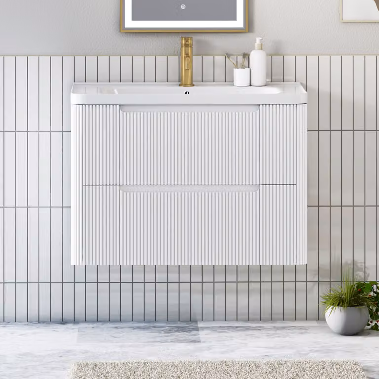 Royal Bathrooms Avenza Matt White Wall Hung Vanity Unit with 2 Drawers and Ceramic Basin, Width: 80 cm