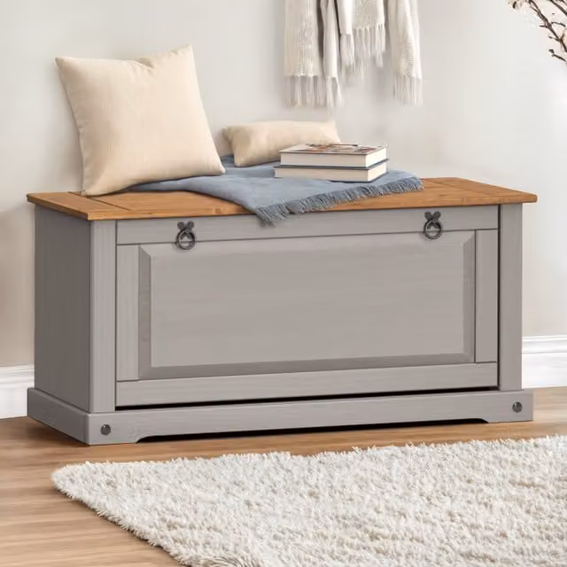 Mercers Furniture Corona Solid Pine Shoe Rack Bench in Distressed Grey Wax