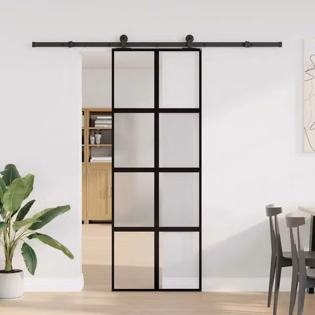 Berkfield Home Sliding Door with Hardware Set, Black Aluminium and Transparent Tempered Glass, W: 76 cm, H: 205 cm
