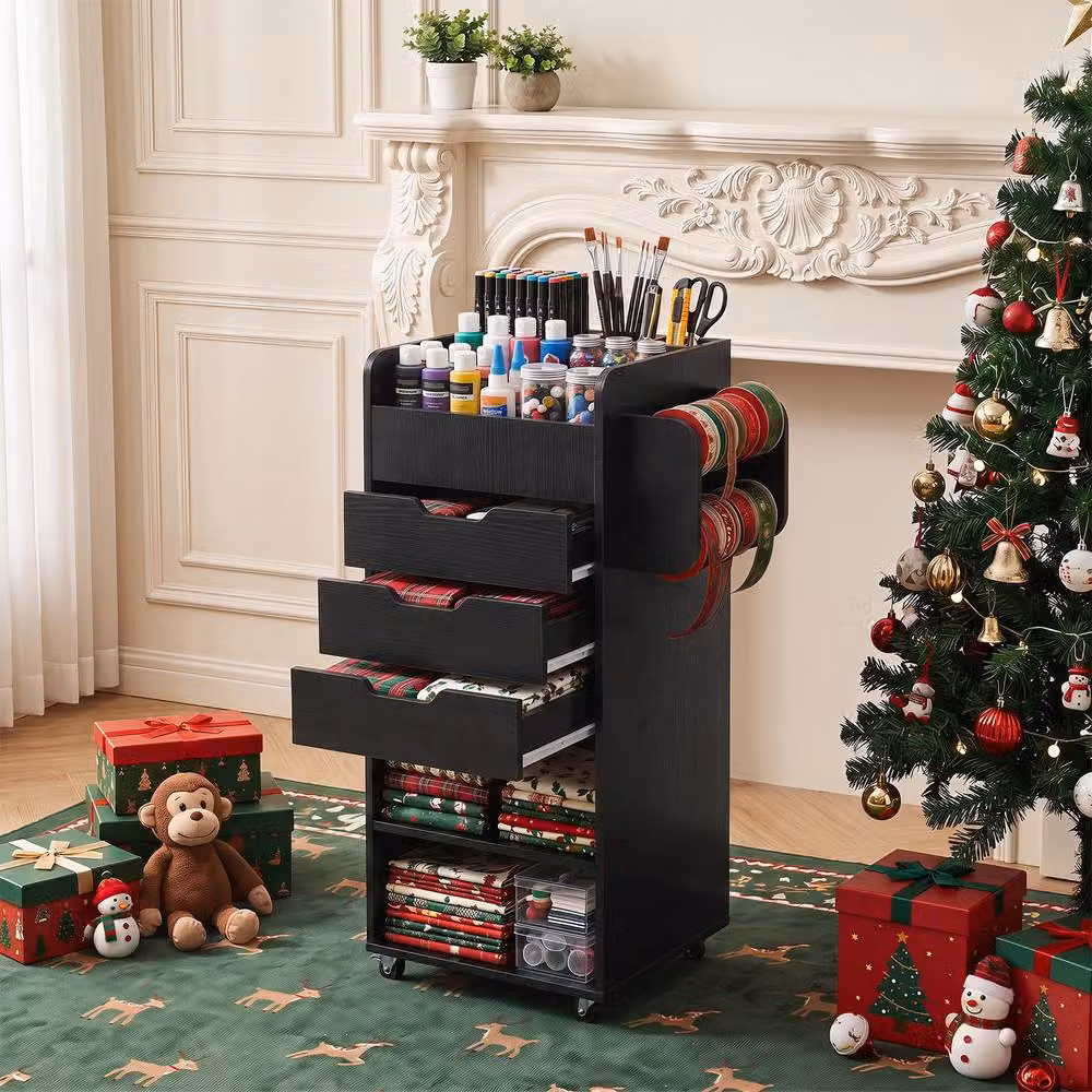 Costway Rolling Storage Cart Mobile Cabinet with 3 Drawers in Black – 5