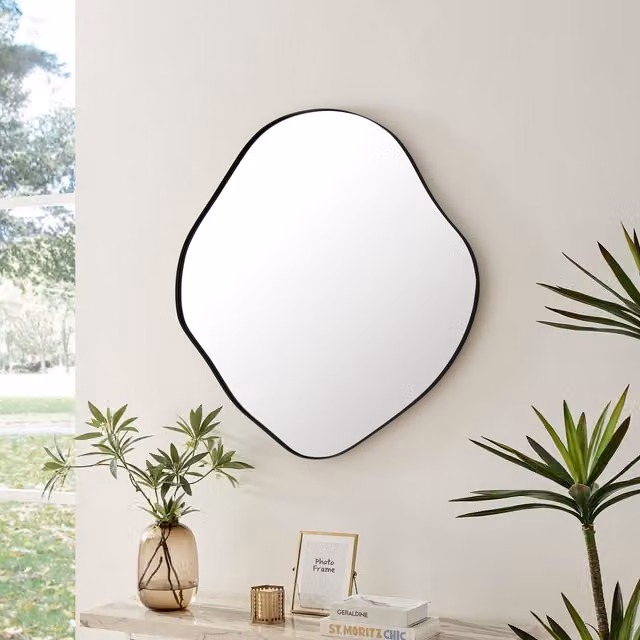 FurnitureboxUK Vita Asymmetrical Curved Pebble Metal Framed Wall Mirror in Black