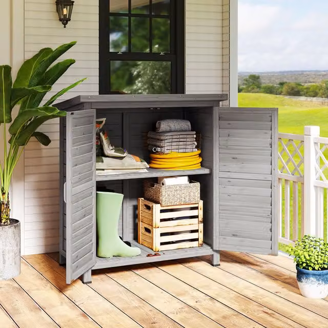 Outsunny Grey Wood Tall Garden Storage Cabinet with Internal Shelving and Roll Shutter, W/D/H: 79.0 x 87.0 x 96.5 cm – 2