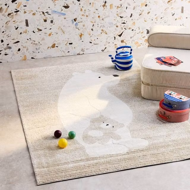 sweeek Beige Teddy Bear Print Kids Rug in Cream, W: 80 cm, L: 150 cm