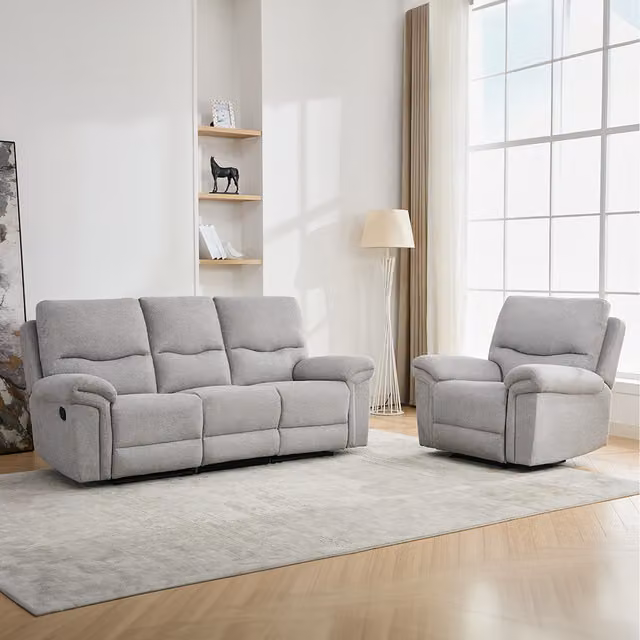 More4Homes Fosse 4-Seater Manual Recliner Sofa Set in Light Grey Fabric