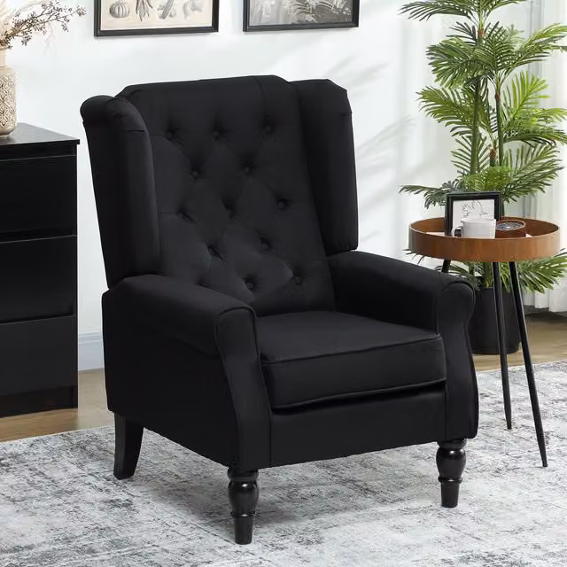 HOMCOM Retro Tufted Wingback Accent Chair in Black Fabric with Solid Wood Frame