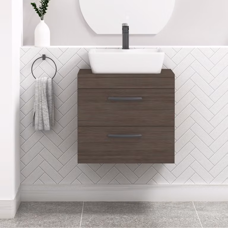 Royal Bathrooms Grey Elm 600mm Wall Hung 2 Drawer Vanity Unit with Cube Countertop Basin and Matt Black Handles