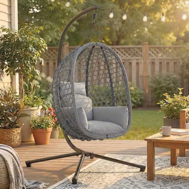 Outsunny Modern Rattan Hanging Egg Chair with Stand in Dark Grey