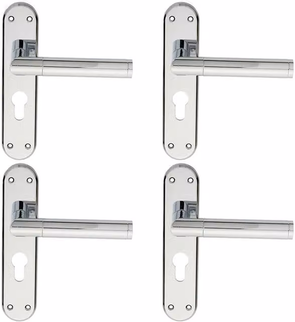 Loops 4x Round Bar Lever Door Handle with Euro Lock Backplate in Polished Chrome, W: 180 mm x H: 40 mm