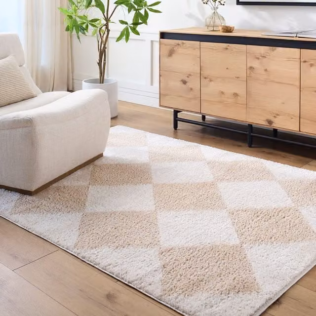 Livabliss Fossay Shag Washable Diamond Pattern High Pile Rug in Beige, Brown, Green and Grey, W: 140 cm, L: 200 cm