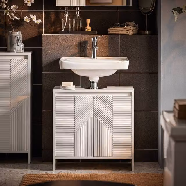 SoBuy Modern White Under Sink Bathroom Cabinet with Hinged Doors and Internal Shelves – 1