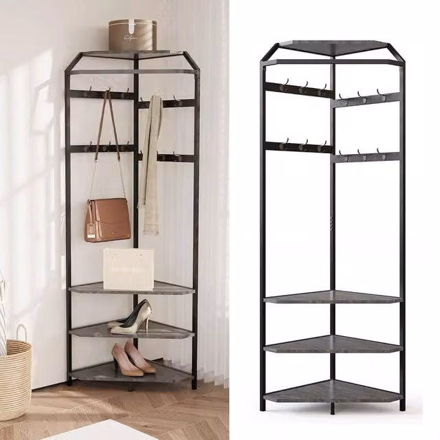 VOGREX Grey Modern Hall Tree with Bench and 12 Hooks for Hallway, Bedroom or Living Room – 1