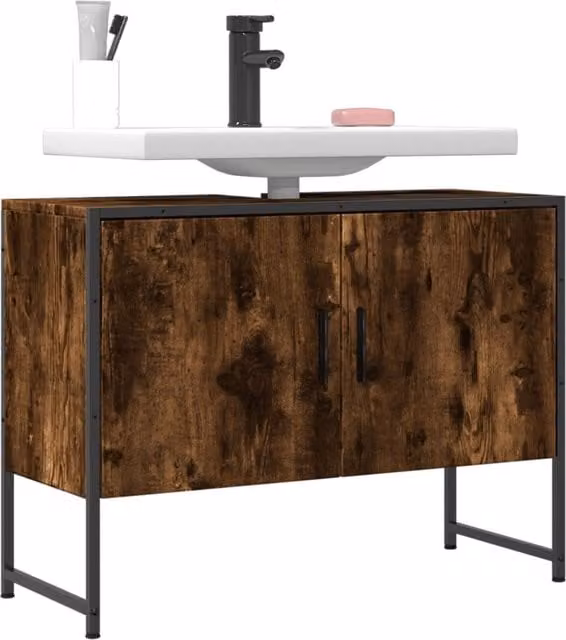 Berkfield Home Smoked Oak Wall Mounted Bathroom Sink Cabinet, Brown, W: 80 cm, D: 33 cm, H: 60 cm – 1