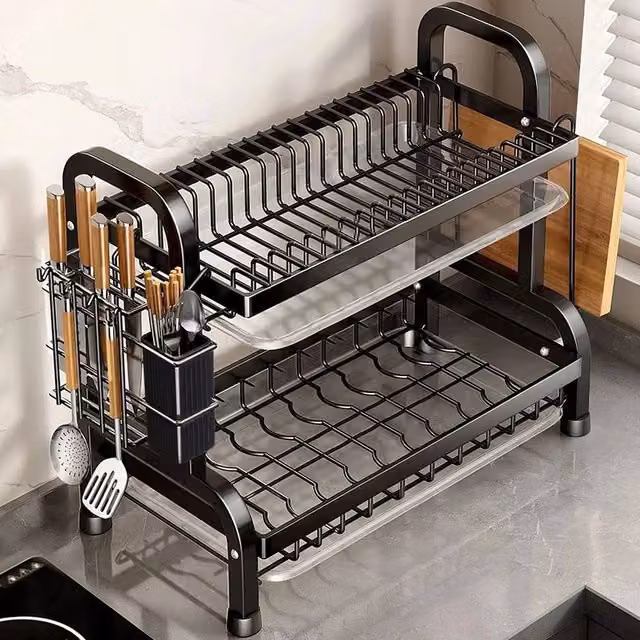 FORGEVIO 2 Tier Large Metal Dish Drainer Plate Rack with Cutlery Holder and Drip Tray in Black