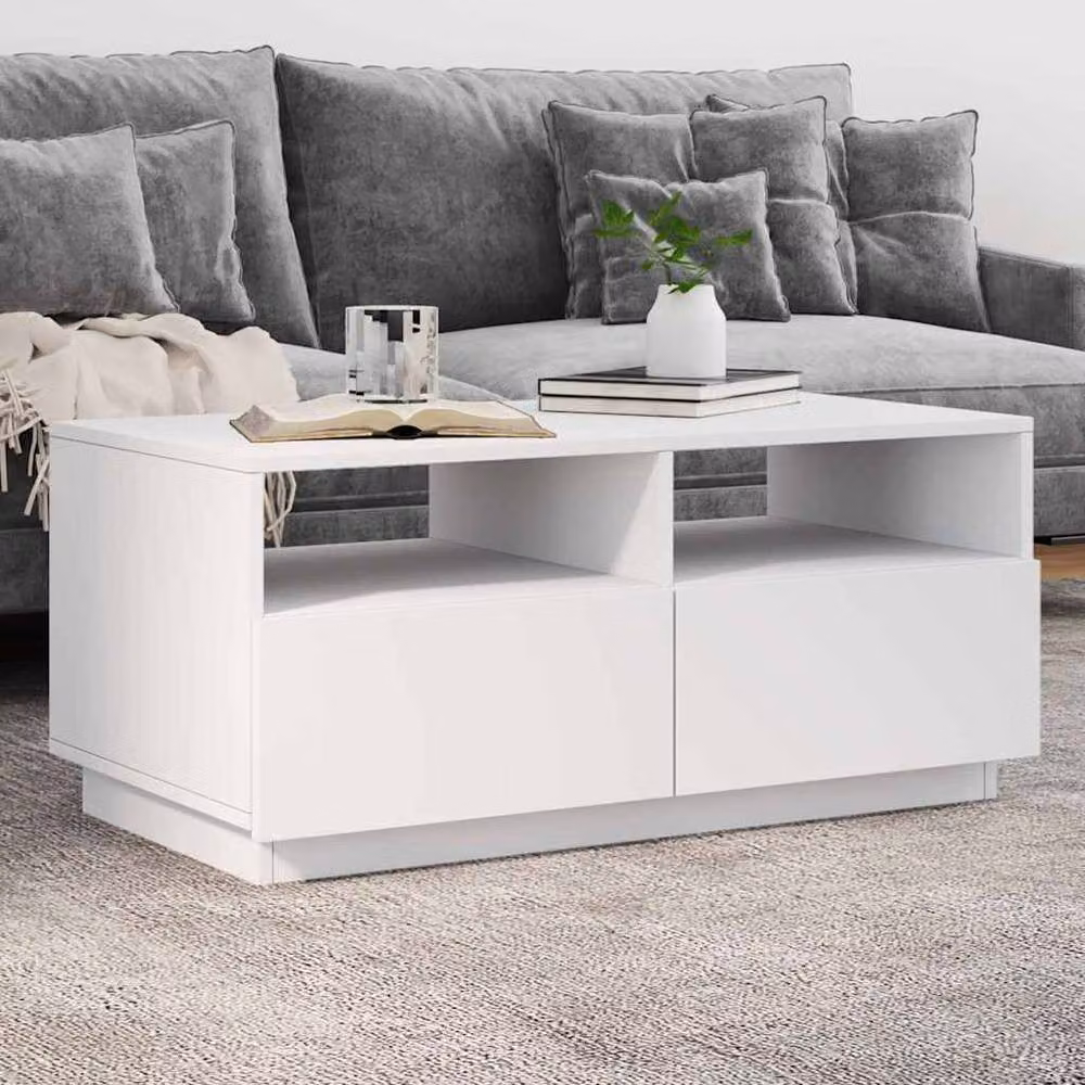 Berkfield Home Modern White Glossy Coffee Table with LED Lights W: 90 cm, D: 49 cm, H: 40 cm – 2